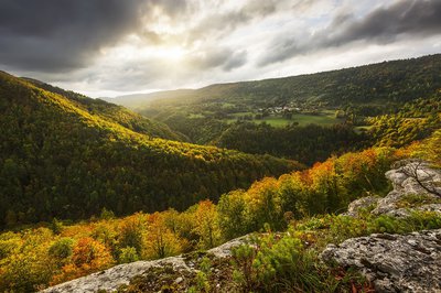 vue sur la sortie des étroits des Gorges de la Bienne